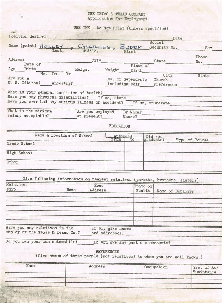 Buddy Holly Employment Application Form