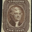 Mostly unharmed: unusually well-kept 1861 5c brown stamp comes to Harmers