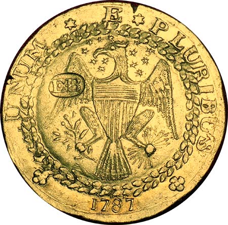 Brasher doubloon of 1787 with EB on eagle wing
