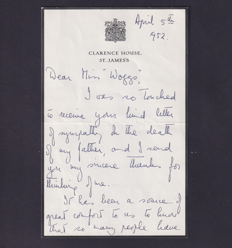 Elizabeth II handwritten 1952 letter on father's death