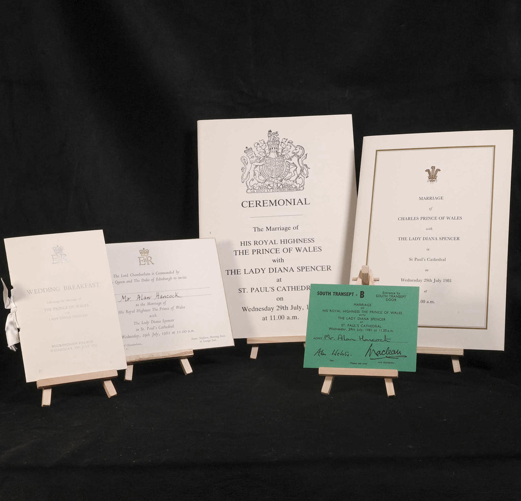 A collection of ephemera from the 1981 wedding of Lady Diana Spencer and Charles Prince of Wales. Includes an invitation, seating ticket, Order of Service and Ceremonial, Wedding Breakfast seating plan and Wedding Breakfast menu.
