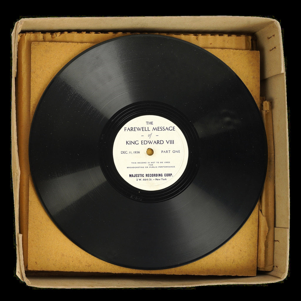 A 78rpm 10" shellac recording of Edward VIII's 1936 farewell message to the United Kingdom, following his abdication in 1936.
