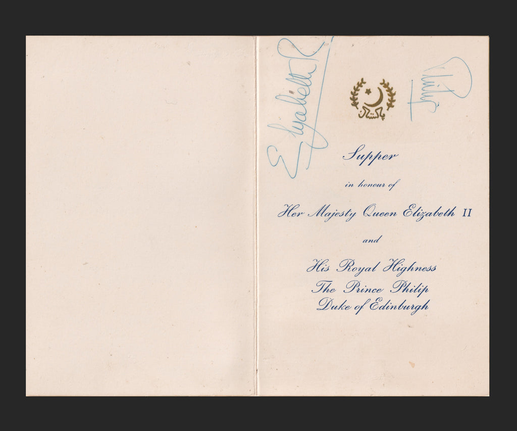 Menu signed by Queen Elizabeth II, Prince Philip, Queen Mother and Princess Margaret