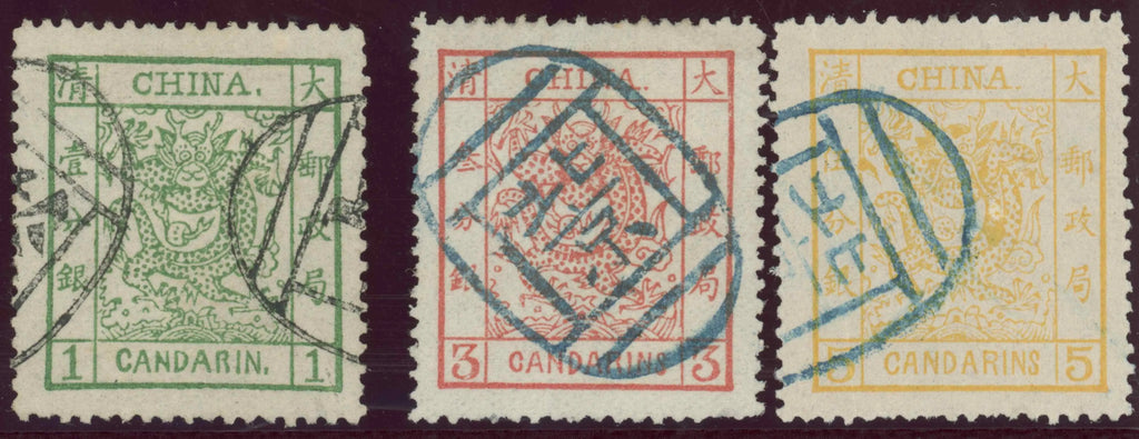 China 1882 1ca green, 3ca brown red, 5ca yellow-ochre, SG4/6