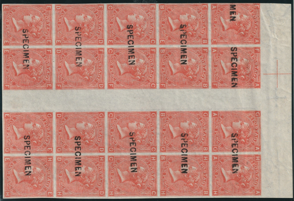 Great Britain 1872 4d vermilion Plate 12 overprinted "SPECIMEN" type 6, SG94var