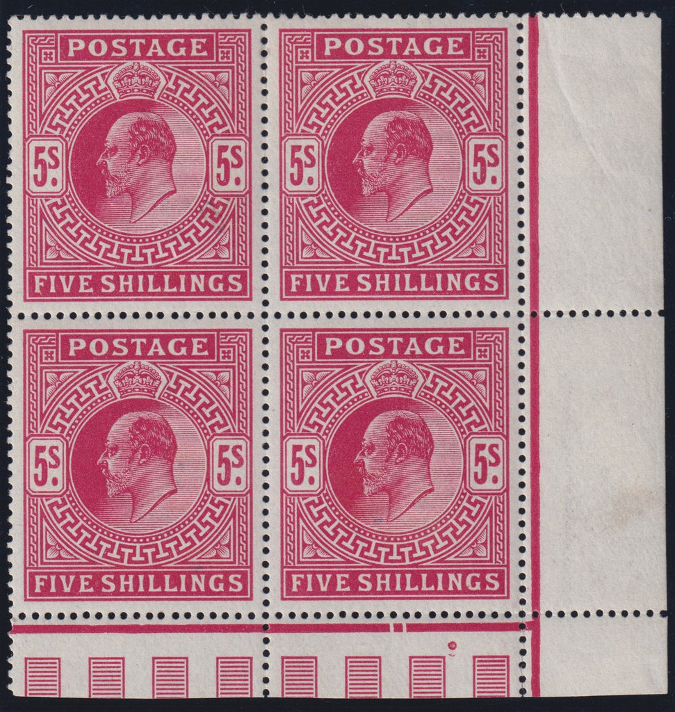 Great Britain 1911 5s carmine very fine marginal unmounted mint block of four, SG318