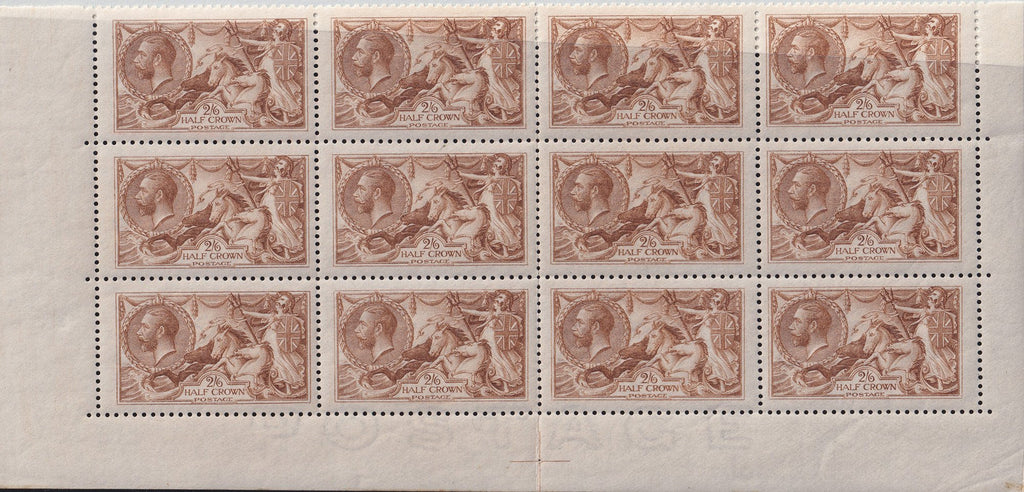 Great Britain 1915 2s6d yellow brown "Seahorses" superb unmounted mint block of twelve, SG406