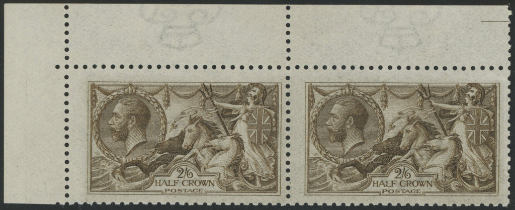 Great Britain 1915 2s6d Sepia "Seahorses" (seal-brown, Watermark Inverted), unmounted mint marginal pair, SG408wi