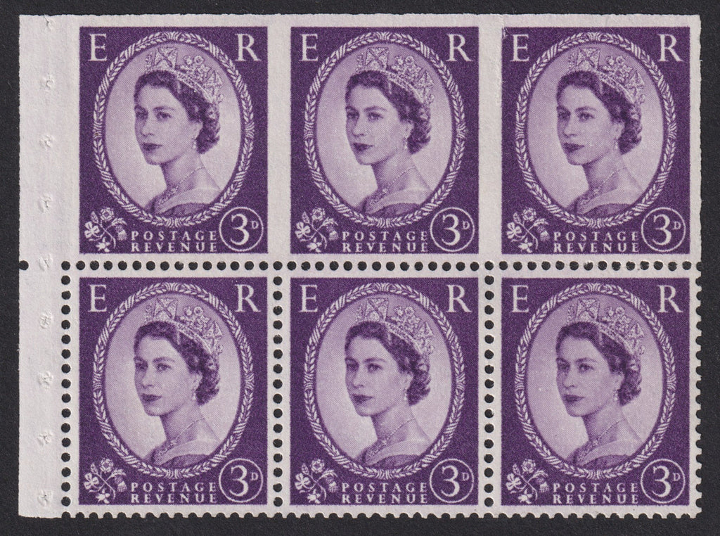 Great Britain 1958 3d deep lilac part perforated booklet pane of 6 variety, SG575c