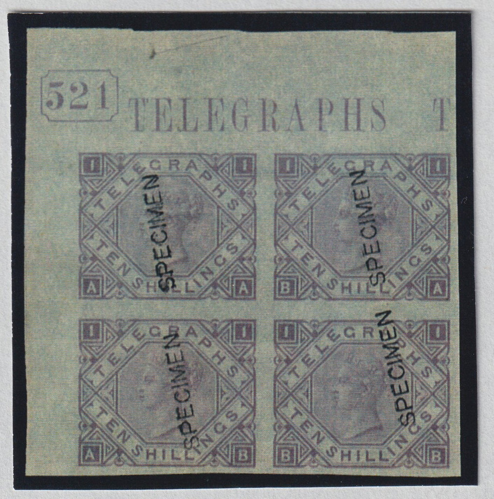 Great Britain 1877 10s colour trial Telegraphs Plate 1 Specimens, unmounted mint marginal block of four, SGT16svar