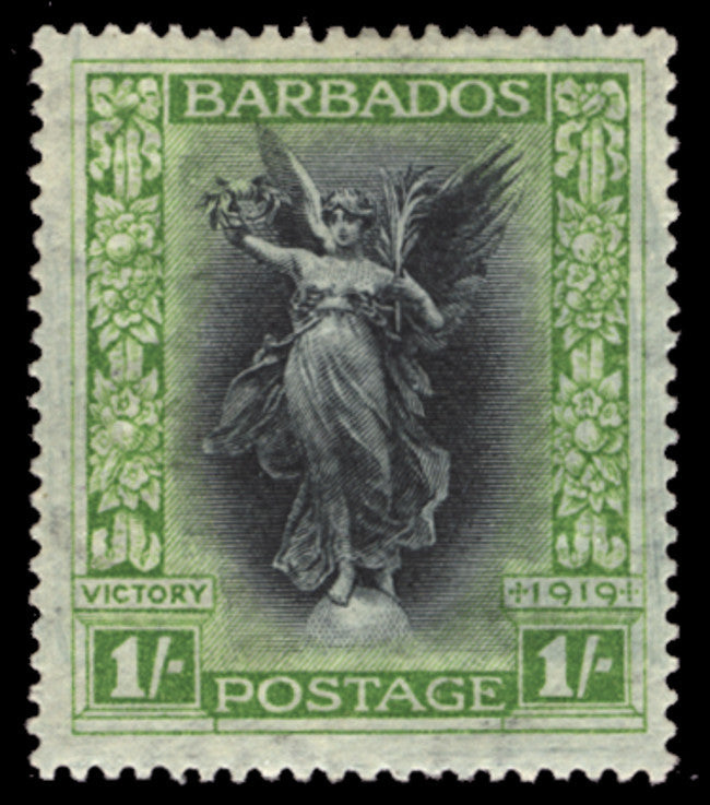Barbados 1920-21 1s black and bright green 'Victory' with unique watermark variety, SG209a