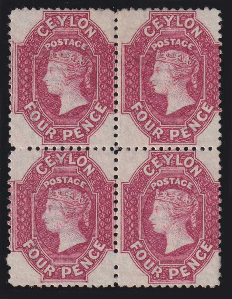 Ceylon 1867-70 4d rose-carmine fine mint block of 4, SG65b