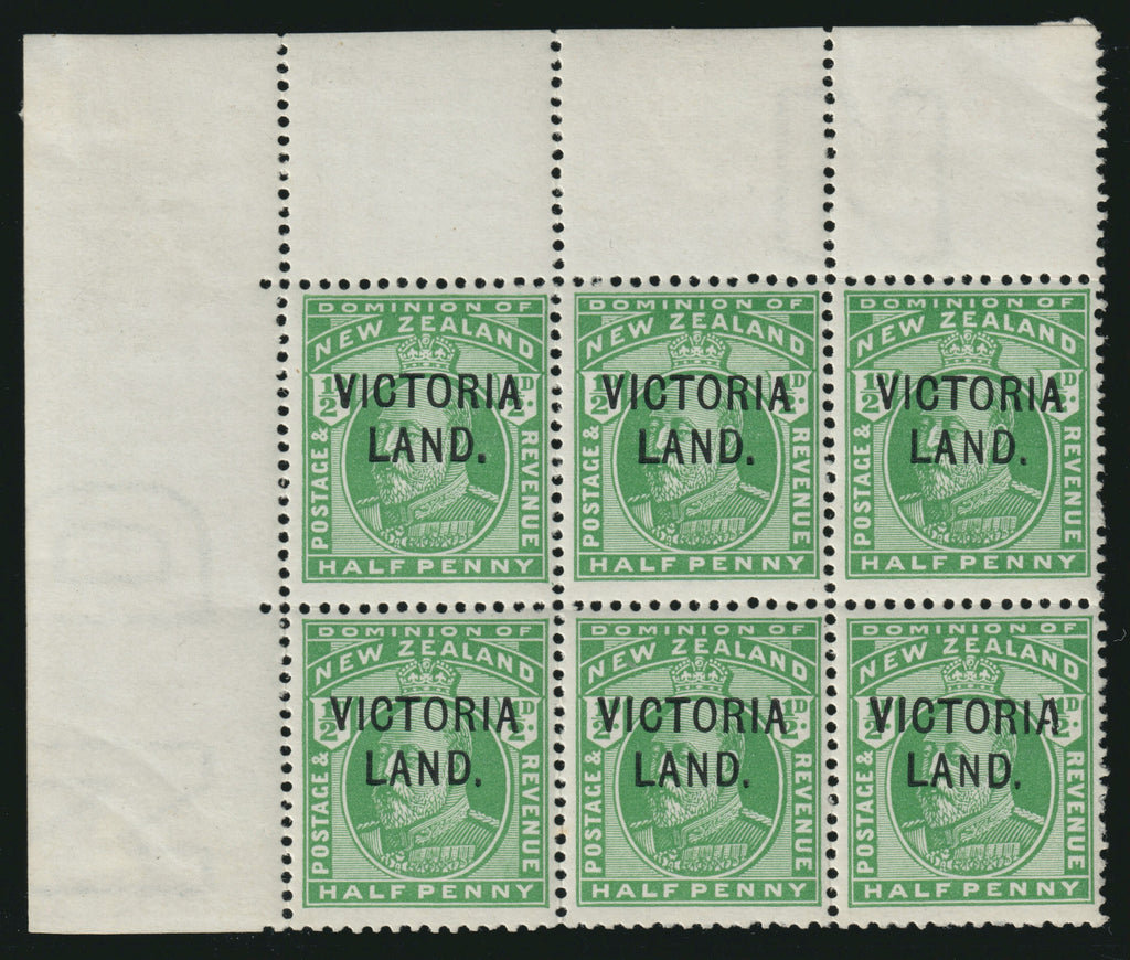 New Zealand Antarctic Expedition 1911–13 ½d green overprinted “VICTORIA LAND” unmounted mint marginal block of 6, SGA2