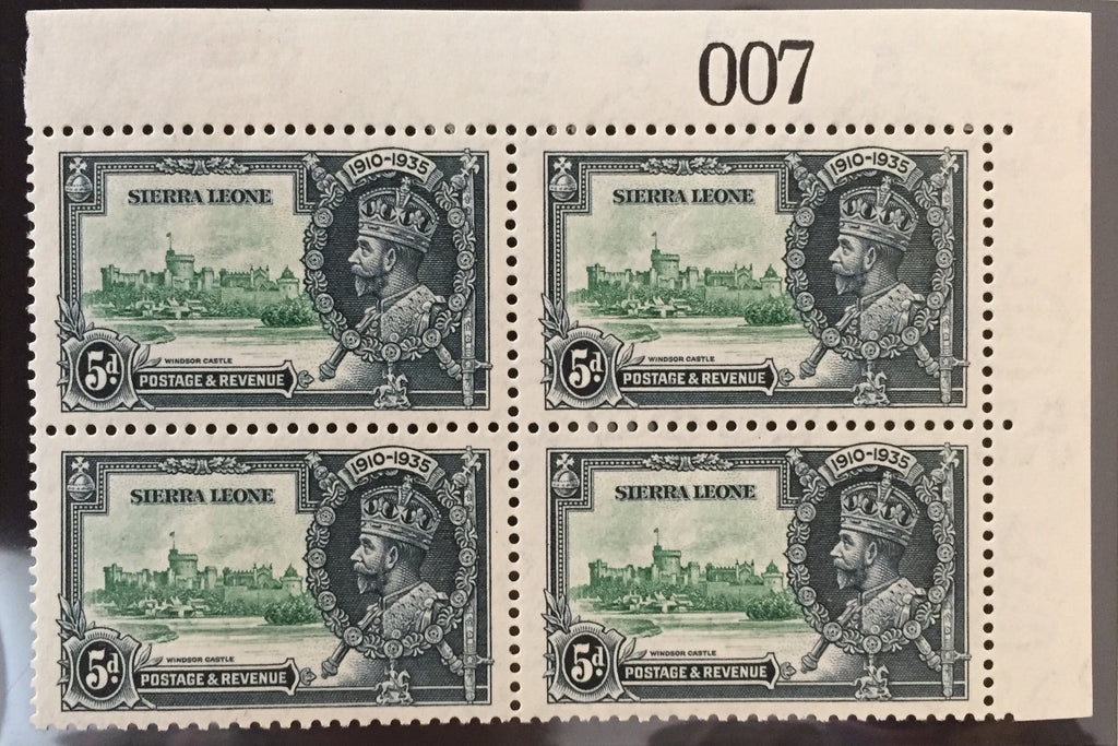 Sierra Leone 1935 5d green and indigo Silver Jubilee, positional block of 4 sheet number '007' with printing variety, SG183/c