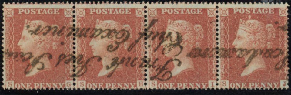 Great Britain 1855 1d red brown Plate 6, rare "Scudamore" handstamp, SG21var