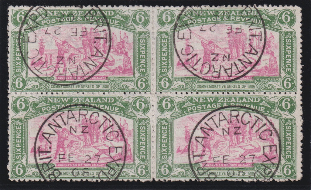 New Zealand Antarctica Expedition 1906 Christchurch Exhibition 6d pink and olive-green, very fine used block of four with unique cancel