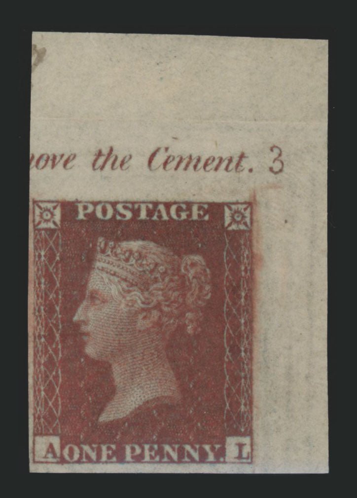 Great Britain 1855 1d red brown Plate 3 unique marginal imprimatur showing plate number, SG24var