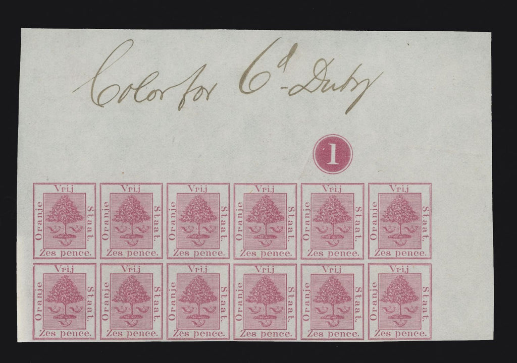 South Africa Orange Free State 1868-94 6d imperforate colour trials in matching blocks of twelve, SG4