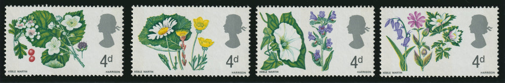 Great Britain 1967 4d Wild Flowers (Phosphor) set of four with variety agate omitted, SG 718/20pd