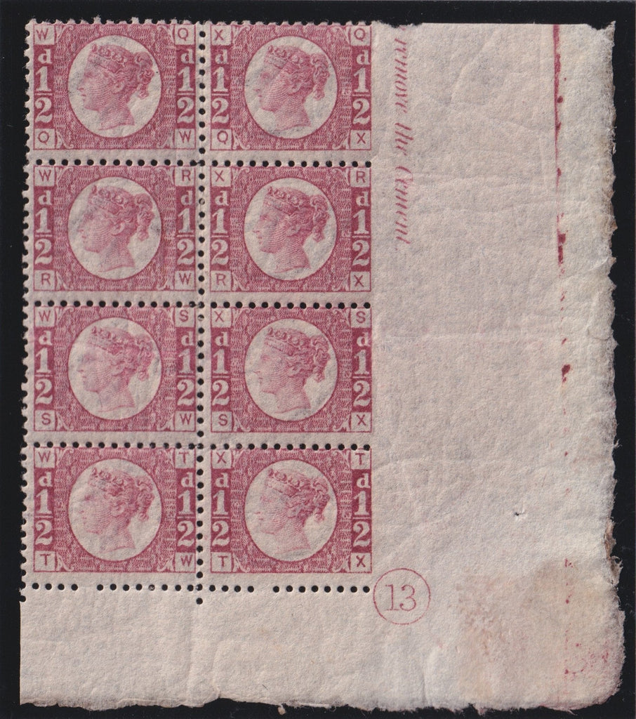 Great Britain 1870 ½d rose red Plate 13 very fine unmounted mint marginal block of eight, SG48