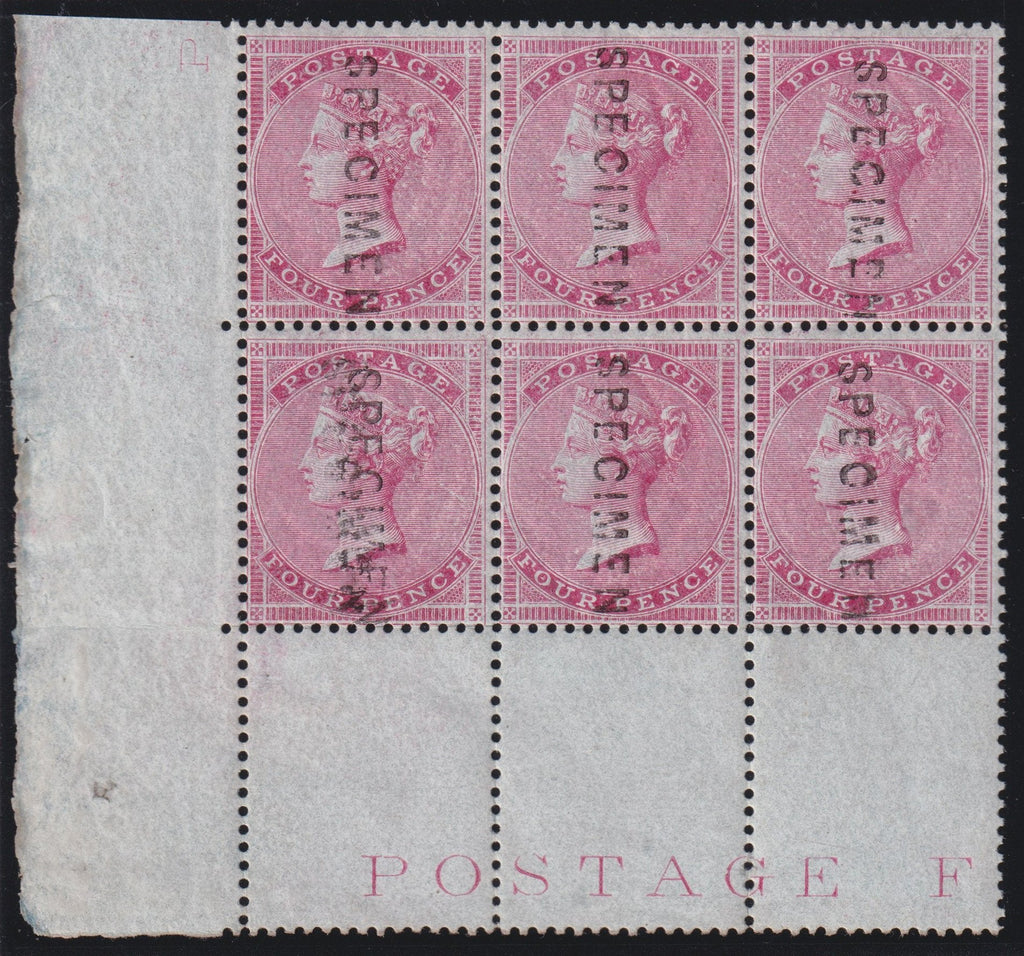 Great Britain 1856 4d carmine on thick blued highly glazed paper Plate 1 Specimens, superb unmounted mint marginal block of six, SG63s