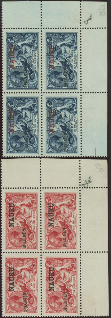 Nauru 1916–23 5s rose-carmine and 10s indigo-blue SPECIMEN”, SG17/18s