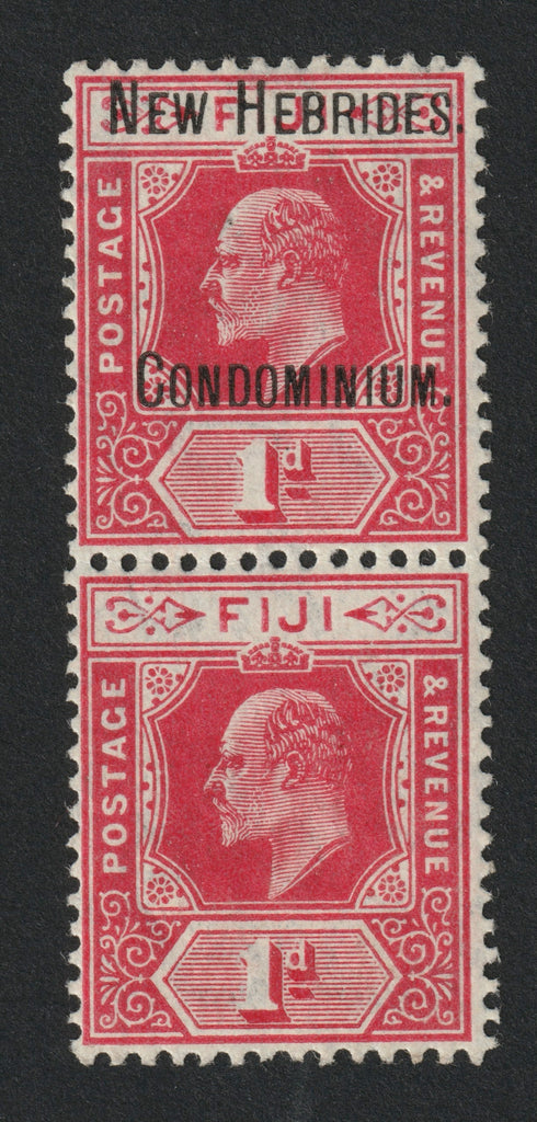 New Hebrides 1908 1d red type 1 overprint on Fiji with error “overprint omitted”, SG2a