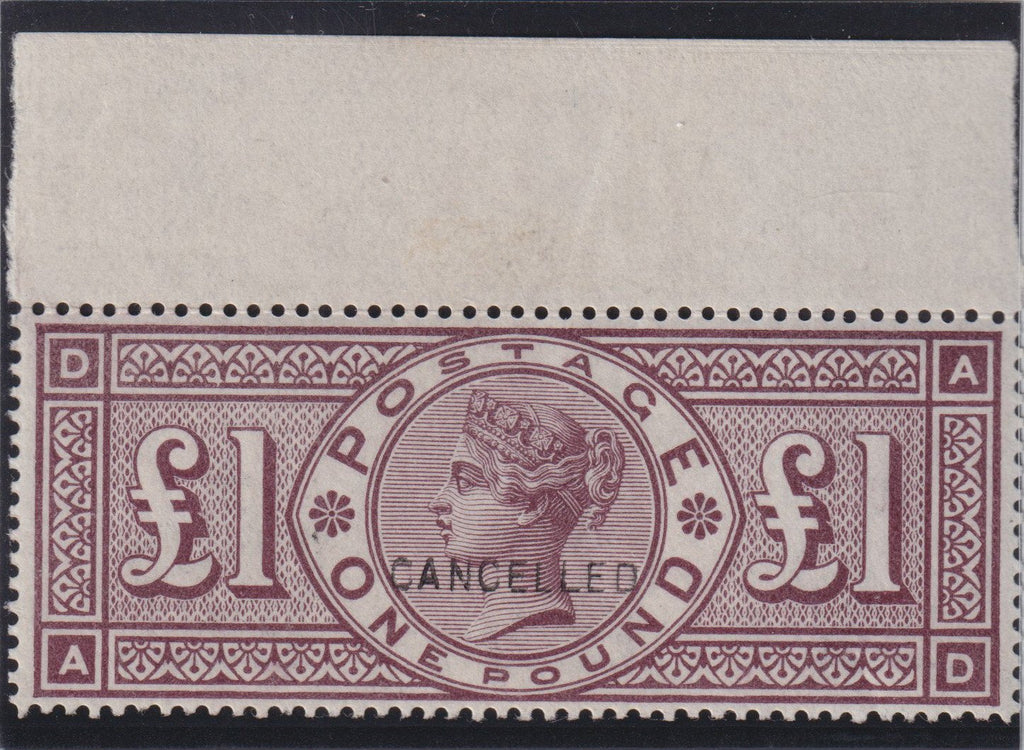 Great Britain 1884 £1 brown lilac (Watermark Three Crowns) overprinted "CANCELLED", pristine unmounted mint marginal, SG185var