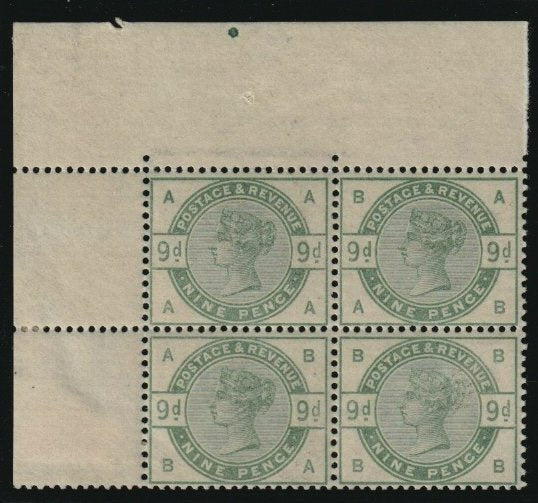Great Britain 1883 9d dull green superb marginal mint block of four, SG196