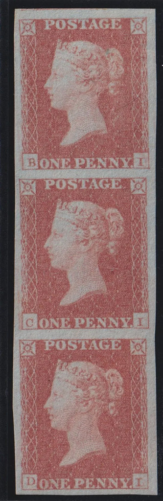 Great Britain 1841 1d red brown plate 116, very fine unused strip of three with printing variety, SG8var