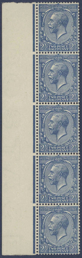 Great Britain 1912 2½d pale blue variety, unmounted mint marginal strip of five, SG372var
