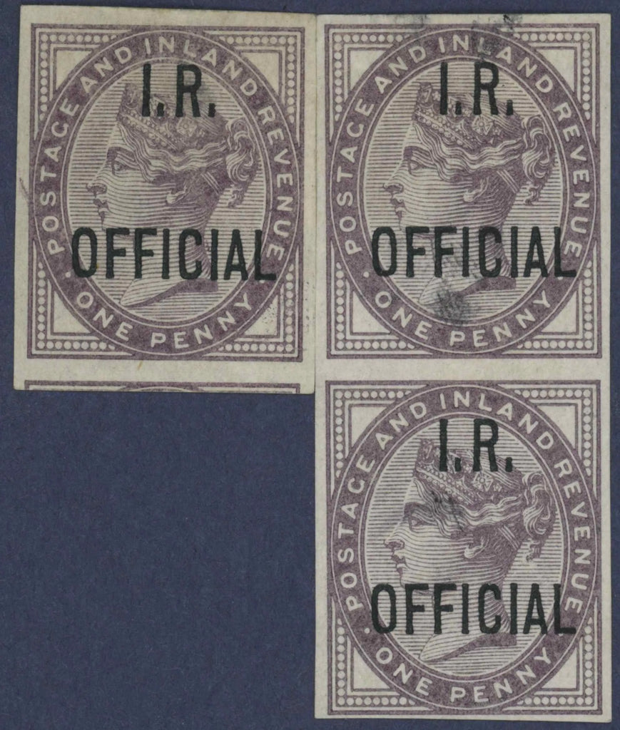 Great Britain 1882 1d lilac I.R. Official Die II, unused unique imperforate block of three, SGO3ca