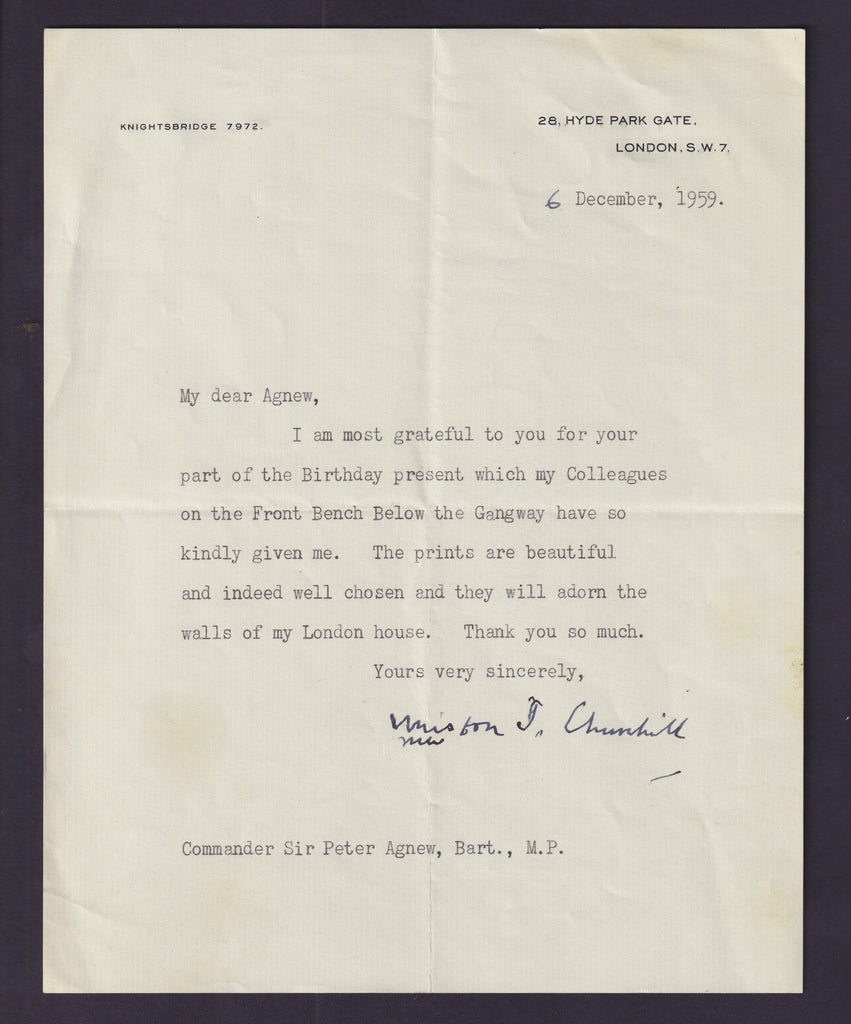 A typed and signed letter from British Prime Minister Winston Churchill