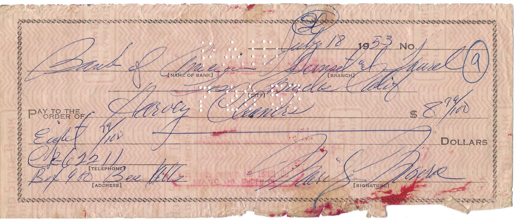 Marilyn Monroe 1953 signed bank cheque