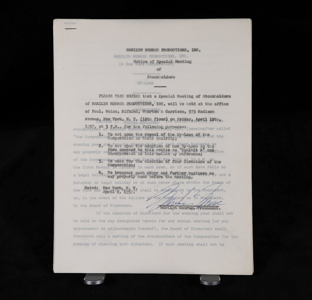 A business document signed by Marilyn Monroe as President of Marilyn Monroe Productions, Inc. on April 2, 1957. Comprised of 32 pages, measuring approx. 8.5 x 11 inches.