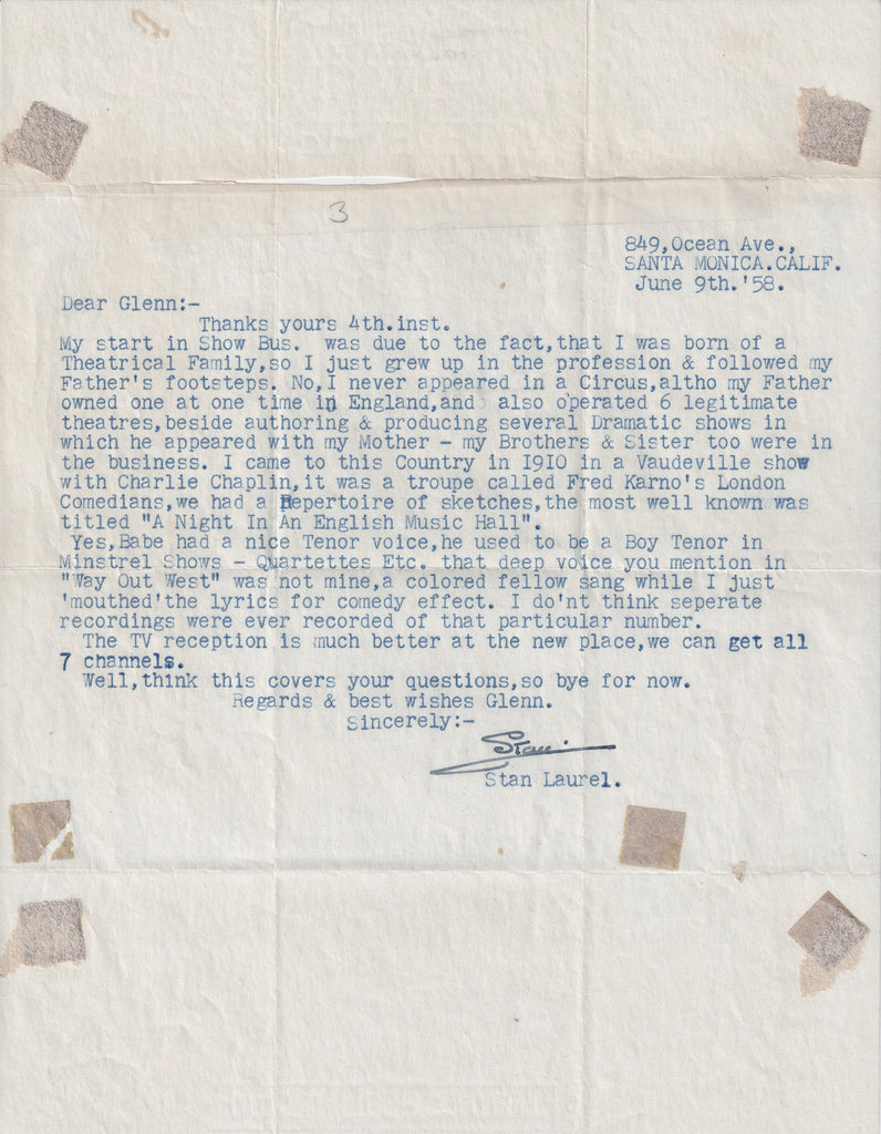 A letter signed by Stan Laurel, which was written to news anchorman Glenn Laxton concerning Laurel's early career.