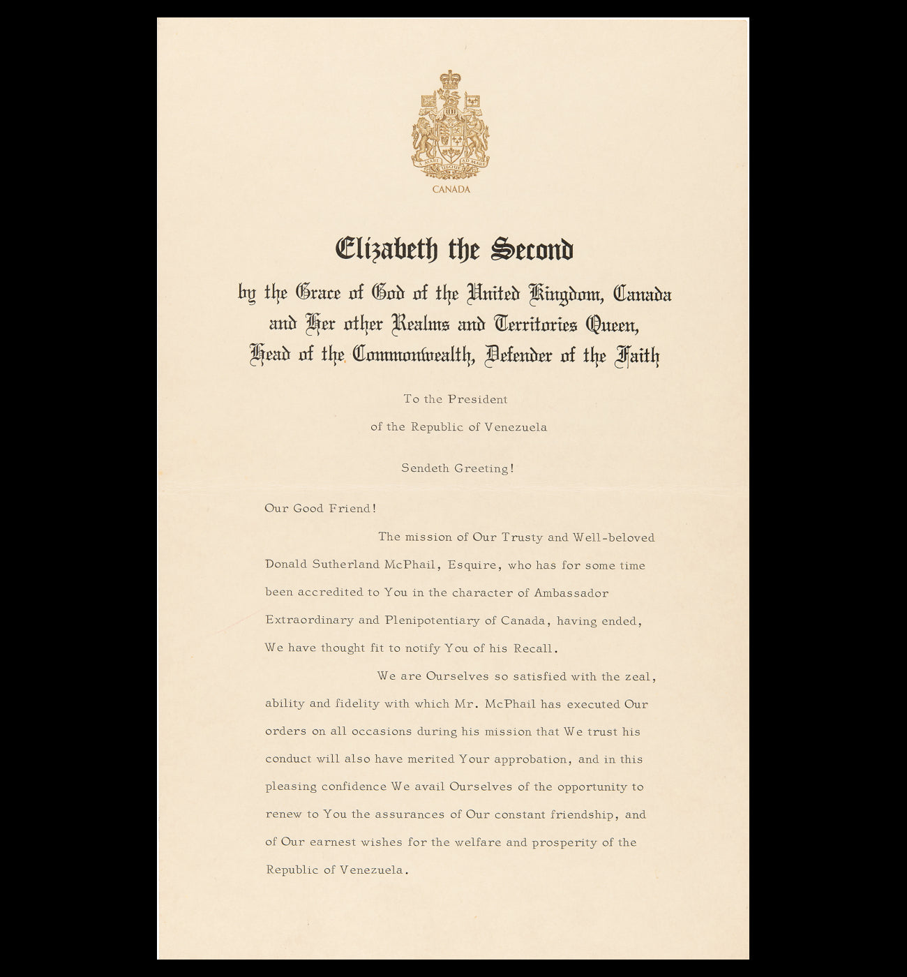 Queen Elizabeth II Signed Diplomatic Document
