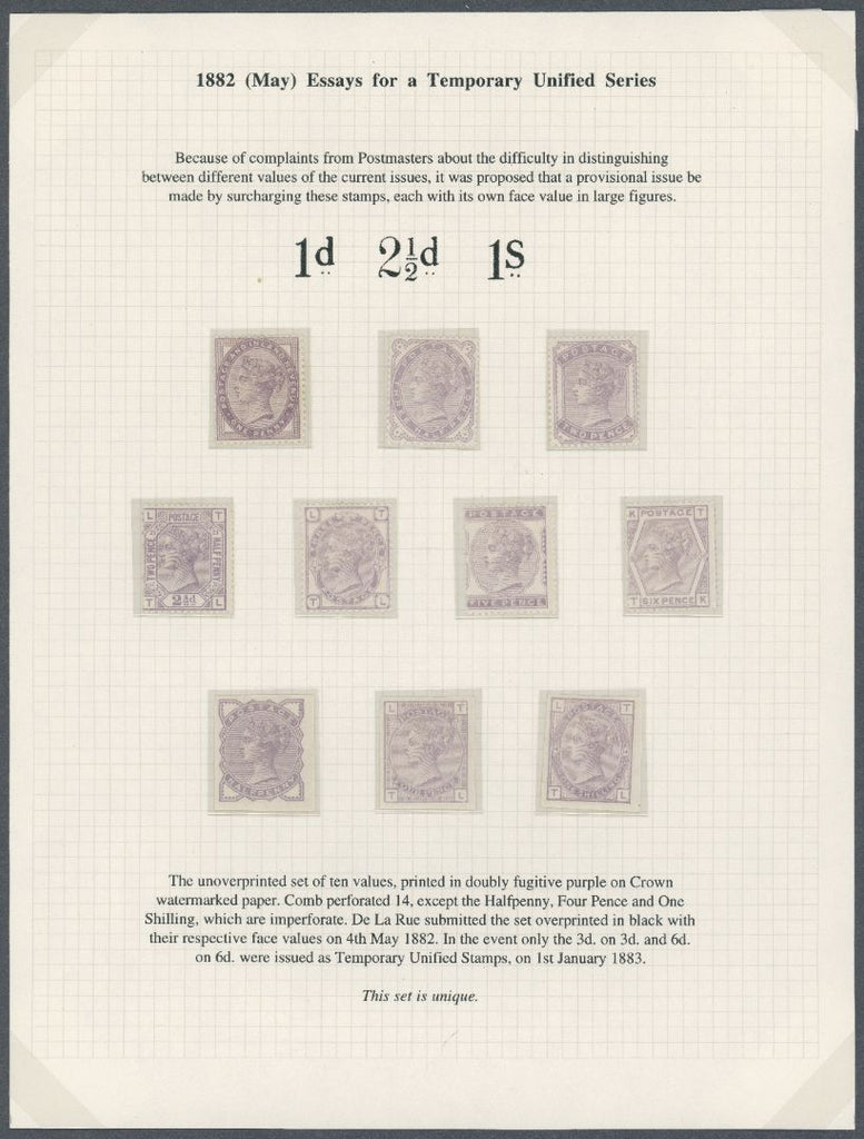 Great Britain 1882 ½d-1s Temporary Unified Series Essays (Set TL), SG157/170var
