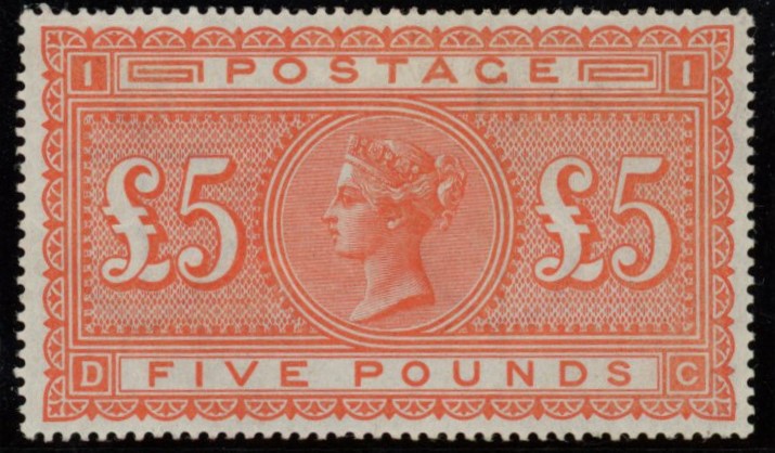 GREAT BRITAIN 1882 £5 Orange Pl1 (White Paper), SG137