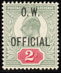 GREAT BRITAIN 1902 2d Yellowish Green & Carmine Red (OW Official), SGO38.