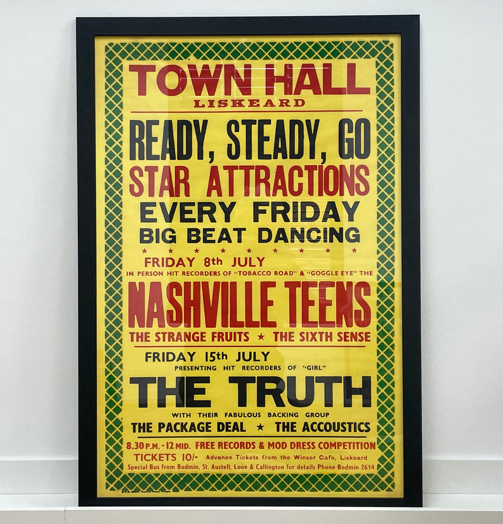 1966 Vintage poster for Town Hall Liskeard event with colorful text and decorative elements. Featuring the Nashville Teems and The Truth. 