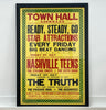 1966 Vintage poster for Town Hall Liskeard event with colorful text and decorative elements. Featuring the Nashville Teems and The Truth. 