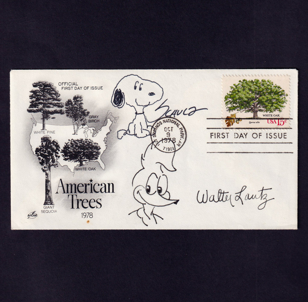Snoopy and Woody Woodpecker hand-drawn signed cartoons