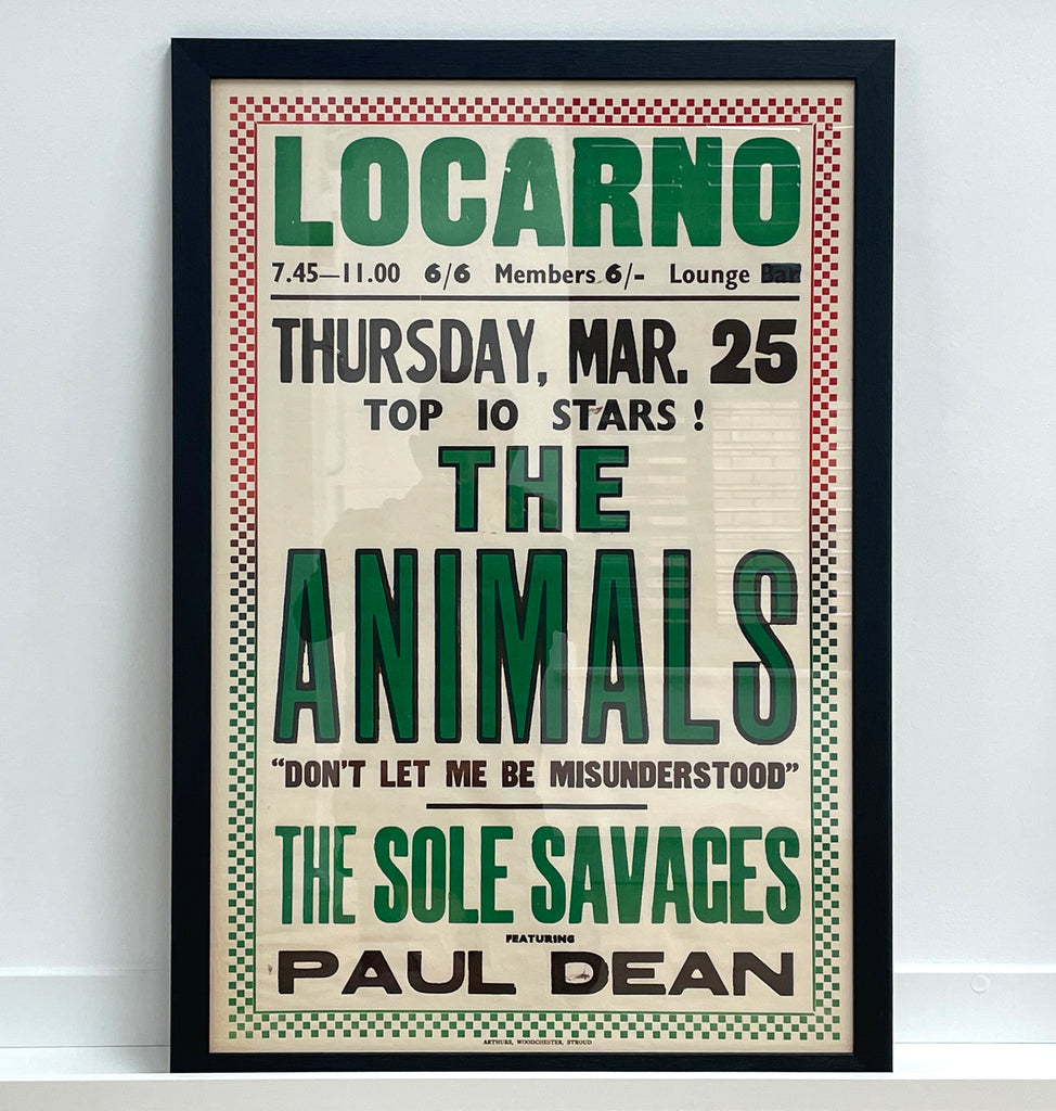 A rare original 1965 poster advertising the Animals at the Locarno ballroom in Swindon, UK.
