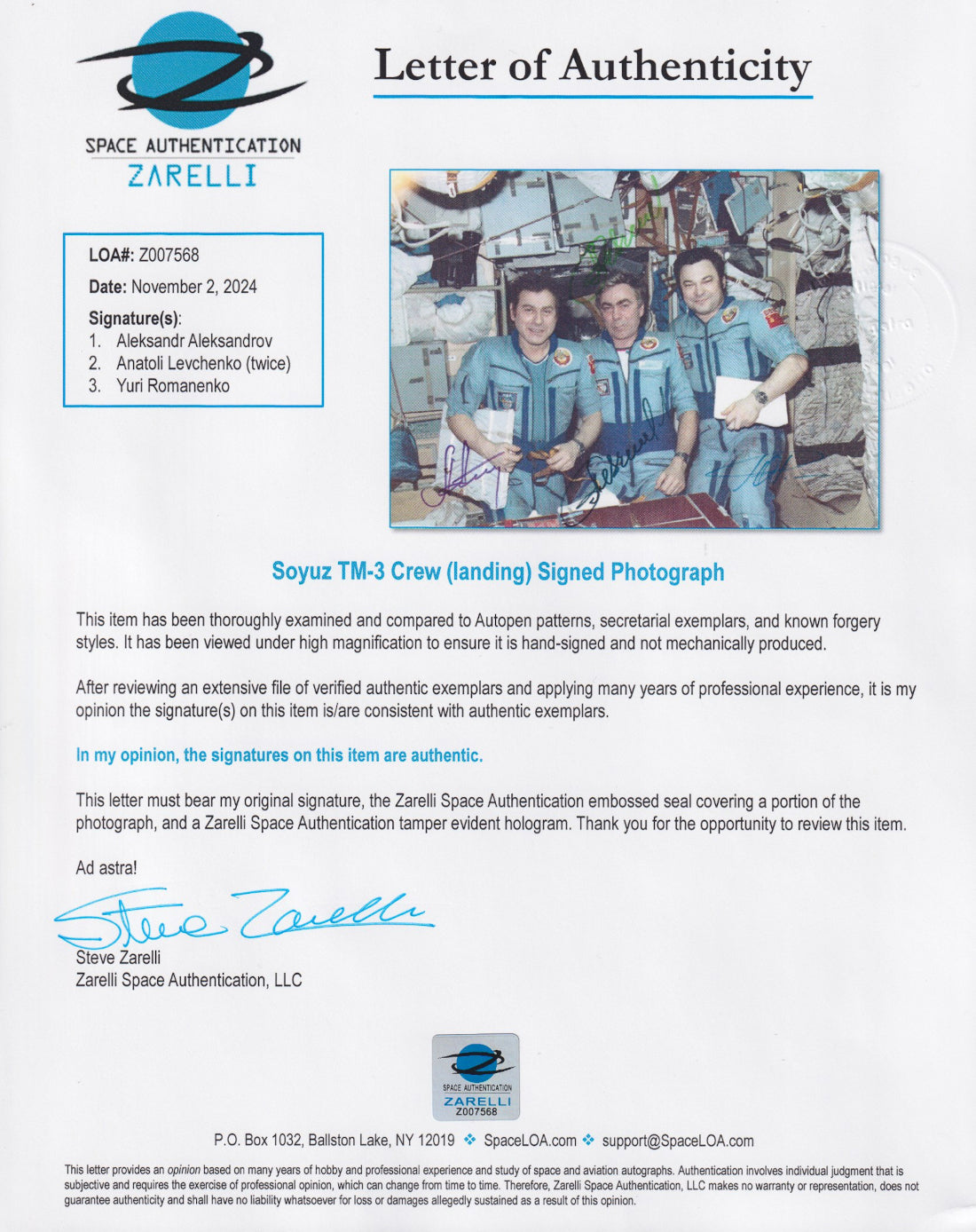 Soyuz TM-3 crew signed photograph