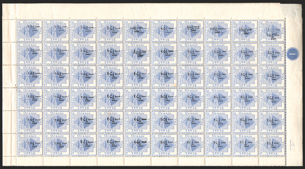 South Africa Orange Free State 1896 ½d on 3d ultramarine variety, SG69/75/a