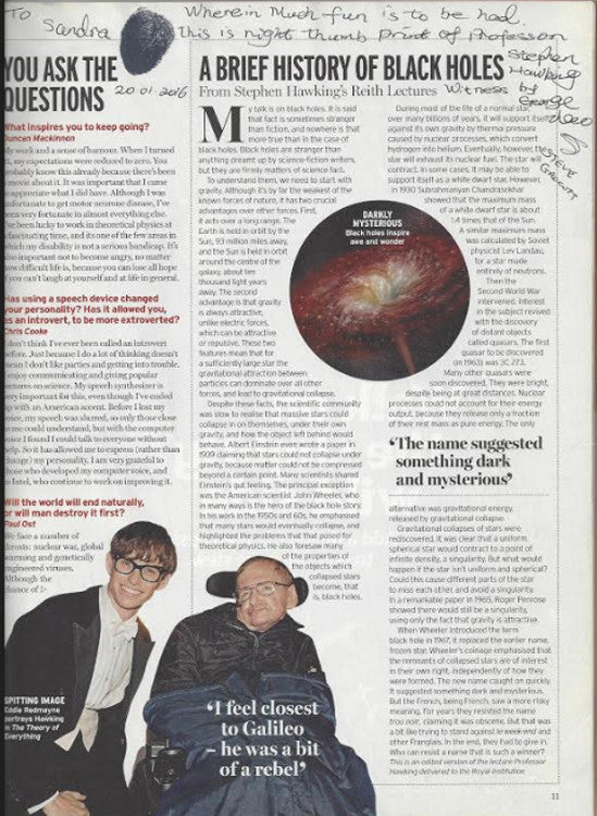Stephen Hawking thumbprint-signed Radio Times