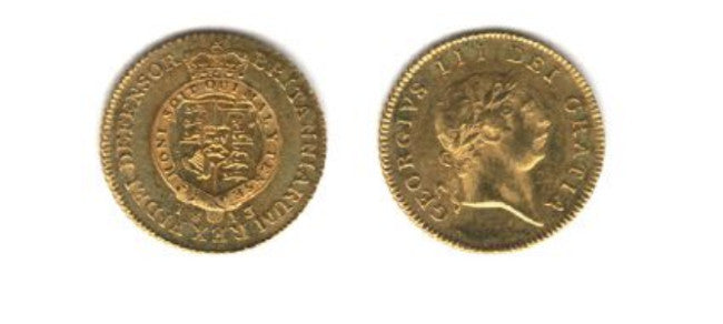  Two gold coins featuring the  George III. 7th head Half Guinea from  1813.