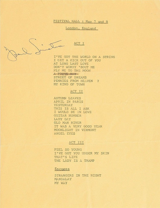 Frank Sinatra Signed Set list 