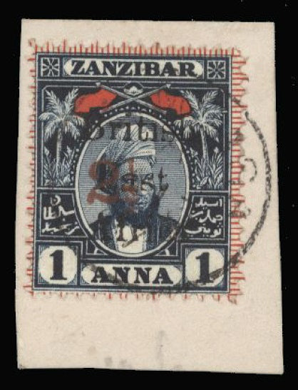 British East Africa 1897 'On Zanzibar' 2½ on 1a indigo and red SG87